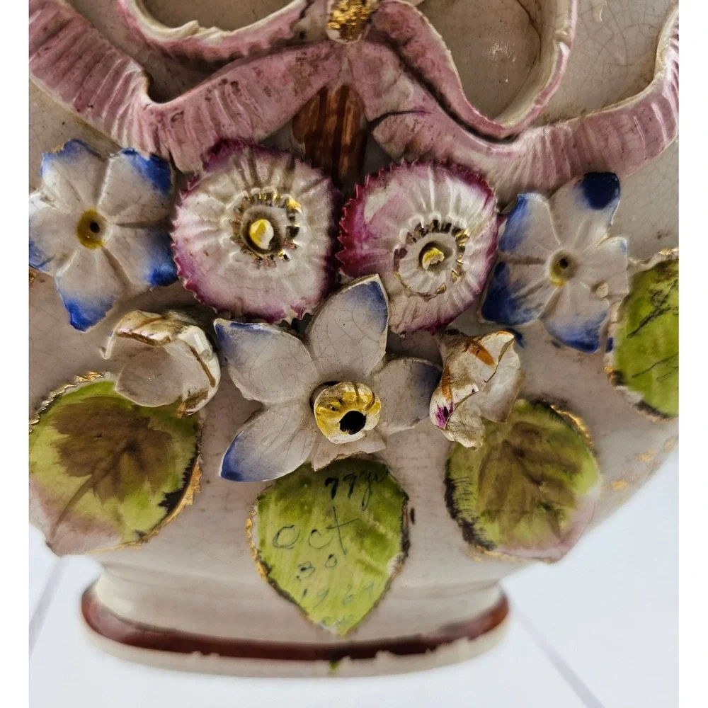 Antique Floral Vase Handled Ceramic 1897 Dated Decor Display Planter‎